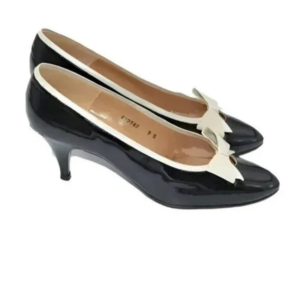 Palizzio Black Spanish Patent Leather Ivory Bow Minimalist Classic Pumps Heels 9 - Picture 6 of 13